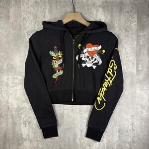 Y2K Women's Ed Hardy "Love Kills Slowly" Graphic Full Zip Cropped Hoodie S